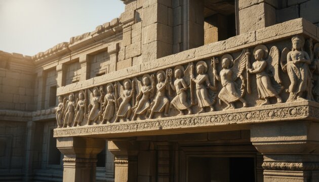 Intricate Stone Carvings Adorning Ancient Temple Lintel with Rows of Figures