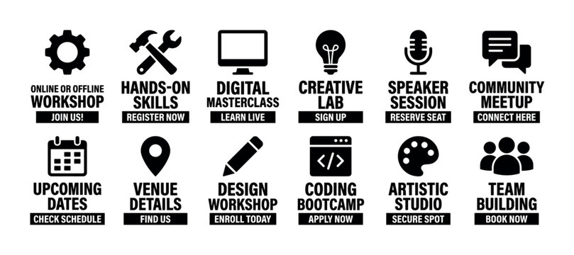 Set of black workshop and event icons for educational and community activities like masterclass, bootcamp, and meetups, presented in a clean minimalist vector style isolated on white