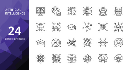 Artificial Intelligence Editable Line Icons Set with AI Brain, Robot, Neural Network and Machine Learning Symbols