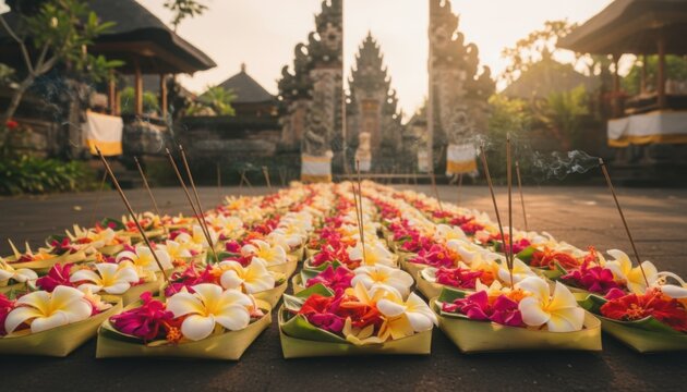 Rows of colorful Balinese canang sari offerings with flowers and incense in front of a temple gate during sunrise