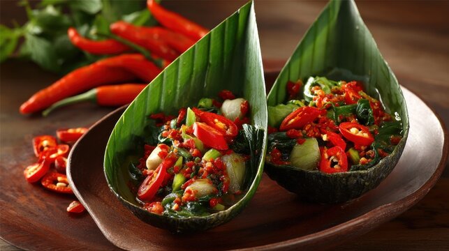 Spicy and tangy pepes ikan fish steamed in banana leaf, a traditional Indonesian dish.
