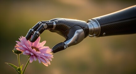 A robotic hand gently touches a delicate pink flower in a natural setting