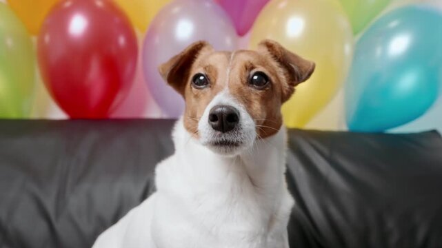 Cute dog portrait celebrating birthday colorful balloons background. Jack Russell Terrier pet party domestic animal care concept. Small puppy sitting leather sofa interior.