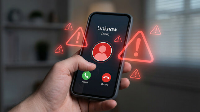 Hand holds a smartphone showing an "unknown calling" screen with glowing red warning triangles.