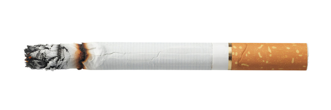 Burnt cigarette with ash and filter tobacco isolated on a transparent background