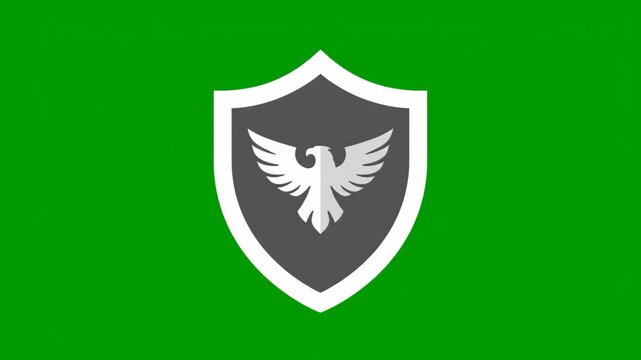 Dynamic animation of a shield and eagle emblem on a green screen for versatile compositing projects. Ideal for security, strength, and protection themes.