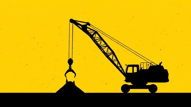 Dynamic animation of a powerful industrial crane with a grabber moving earth on a vibrant yellow background. Ideal for construction and heavy industry projects.