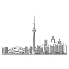 Obraz premium A black and white line art illustration of the Toronto city skyline featuring the CN Tower