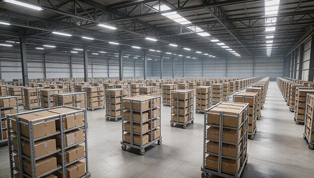 Organized storage distribution center with stacked boxes on carts logistics network transportation, warehouse.