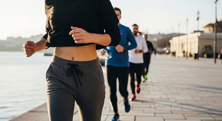 A group of people jogging along a waterfront path on a sunny day