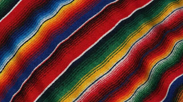 Dynamic background of a vibrant Mexican serape fabric with colorful wavy stripes and textured weave.