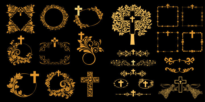 Cross icons set. Obituary notice - art deco frames with cross. Collection of gold Christian Symbol design elements isolated on black background. Church and pray, religion and resurrection. Vector