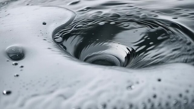 Rotating circular vortex pulling incoming white foam and bubbles in macro pool into central drain