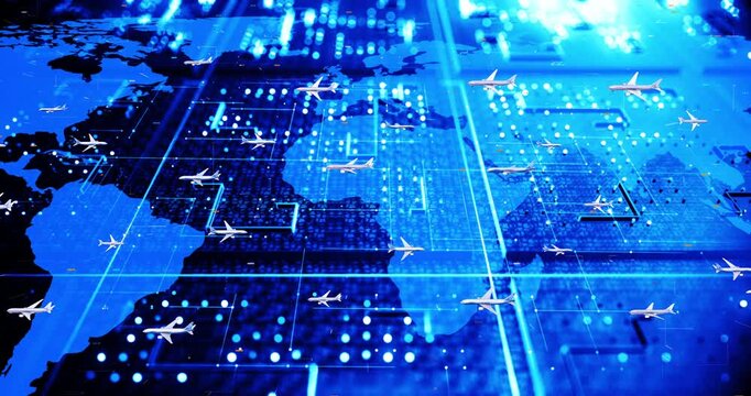 International Flight Traffic Over Futuristic Digital Earth Map. Technology And Travel Related 4K 3D Animation.