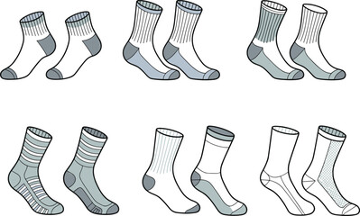 Set of various casual and athletic socks, flat vector illustration collection, modern textile design isolated on light background for fashion catalog