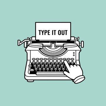 Vintage Typewriter with Hand Typing Type it Out on Paper Against Teal Background