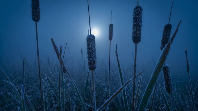 Fog thickening around bright moon, revealing centered cluster of frosted cattails shifting in marsh