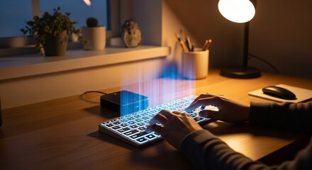A person working on a glowing keyboard at a desk in a dimly lit room