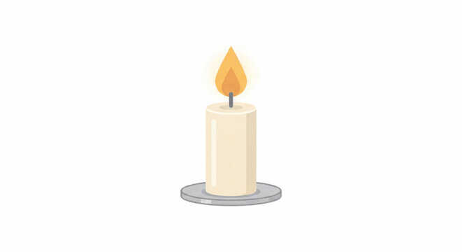 vector lit candle icon on a grey plate, minimalist burning wax candle illustration