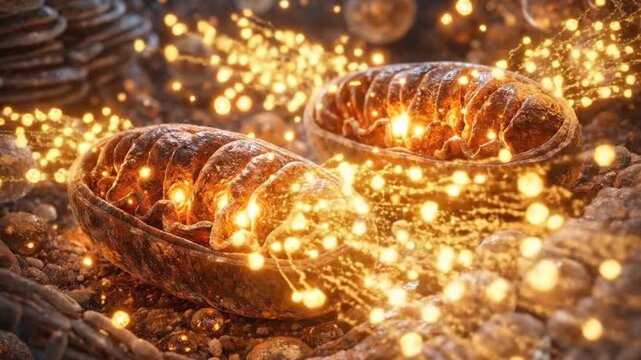Mitochondria inside human cell producing energy, glowing ATP particles