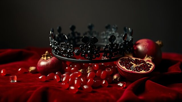 epilogue. Obsidian crown and pomegranate seeds on crimson velvet in dramatic lighting. event programs, museum guides, designed for cultural heritage projects and event programs.