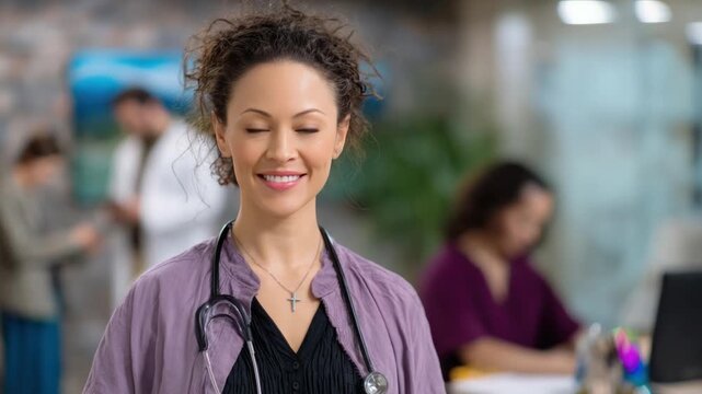 Serene Healthcare: A radiant medical professional with stethoscope, embodies care and expertise in a modern healthcare environment, reflecting commitment and compassion.