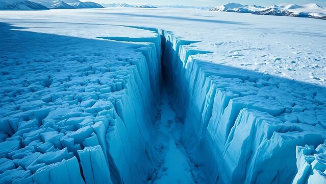 monopole. A vast glacier with a deep, dark crevasse splitting its surface, cold blue and white tones. travel magazines, destination branding, designed for outdoor magazines and nature guides.