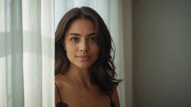 Posing woman in black lace shifting as camera rolling near sheer curtain in bedroom for portrait