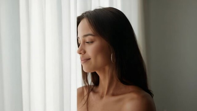 Recording, Asian woman posing near curtain, smiling and turning head, bare shoulders, hoop earrings