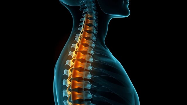 culpability. X-ray silhouette of a human spine with a subtle golden coil ascending within the vertebrae. STEM education sheets, lab safety posters, designed for biotech research communications.