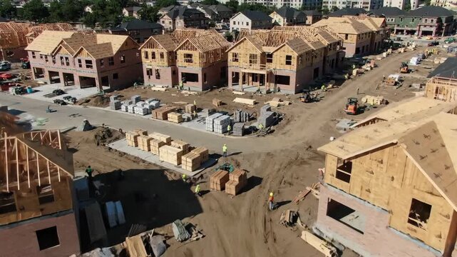 Drone shot showcasing a bustling residential construction site with numerous houses in various framing stages. Workers are actively building new homes in a growing community.