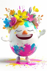 Naklejka premium Joyful white Easter egg character decorated with colorful paint splashes and vibrant floral crown, dynamic 3D render with bright splatter details on clean background.