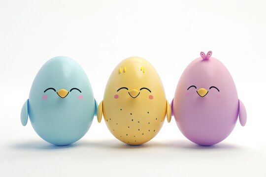 Three pastel Easter egg characters in blue, yellow and pink colors with closed smiling eyes, minimal 3D render isolated on clean white background, cute spring holiday concept.