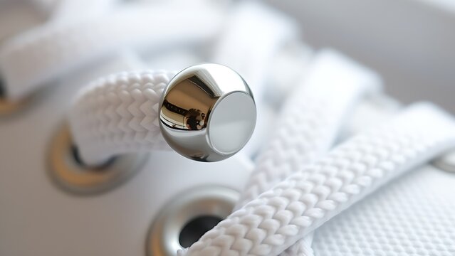 osmium. Polished metal aglet at the end of a white shoelace with metallic texture. lifestyle magazines, social media lookbooks, designed for lifestyle magazines and social media content.