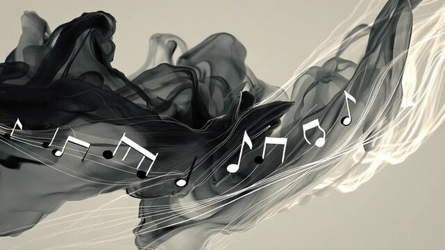 Ink swirls in water creating rhythmic music notes inspired by animation