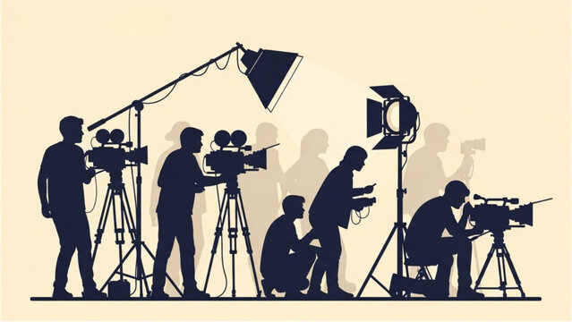 Film crew capturing scenes with cameras and lighting equipment on set from various viewpoints