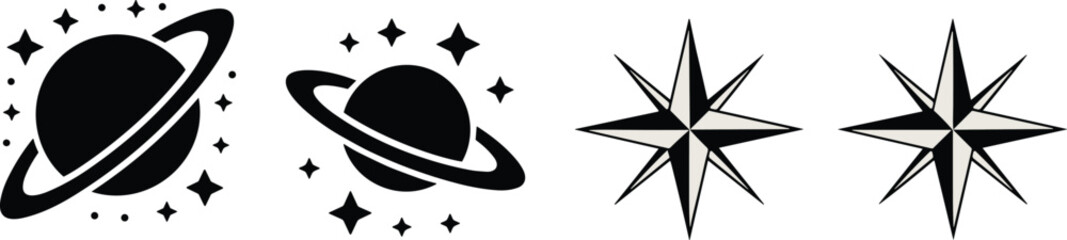 Black and white vector illustration of ringed planet and compass star icons set isolated on light background for astronomy and navigation design. © Vector Sifat