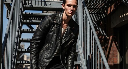 A young woman wearing a black leather jacket stands on a metal staircase