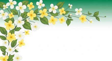 A floral design with white and yellow flowers on a green background