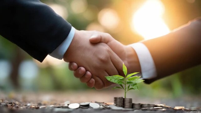 Growth Partnership: A collaborative handshake symbolizes a flourishing business venture, nurturing a young plant symbolizing the investment of money and the growth