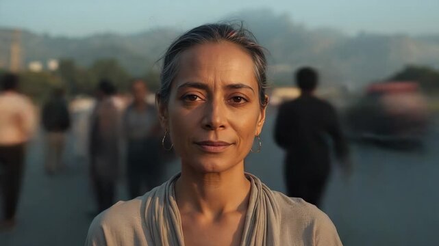 Standing middle-aged woman closed-eyed by river, crowd passing, opening gaze at lens, wearing shawl
