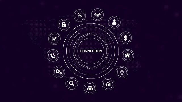 Centralized circular infographic with the word CONECTION at its heart, surrounded by white for handshake, people, money, house, idea, growth