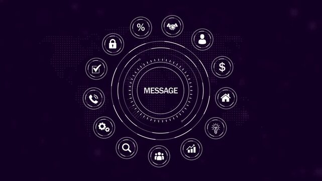 Digital interface displaying the word MESAGE in a central circle surrounded by white representing business communication and data on a dark purple