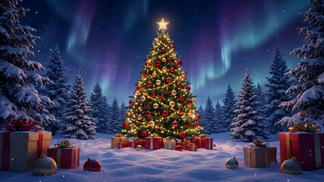 Christmas tree under northern lights in snowy forest night, enchanting winter holiday background for seasonal advertising and greeting design