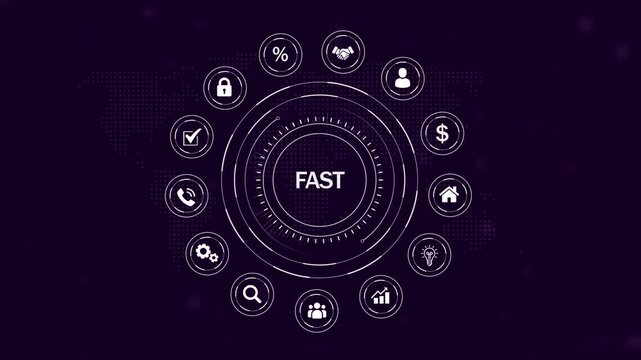 Digital circular infographic with white for speed efficiency and business concepts centered on the word FAST on a dark purple background with a map pattern