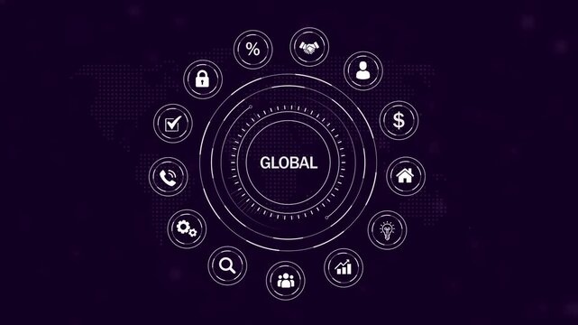 Digital infographic circle with white representing global business concepts against a dark purple background with a subtle map pattern