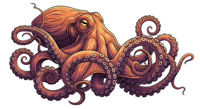 Octopus Illustration with Tentacles and Suckers.