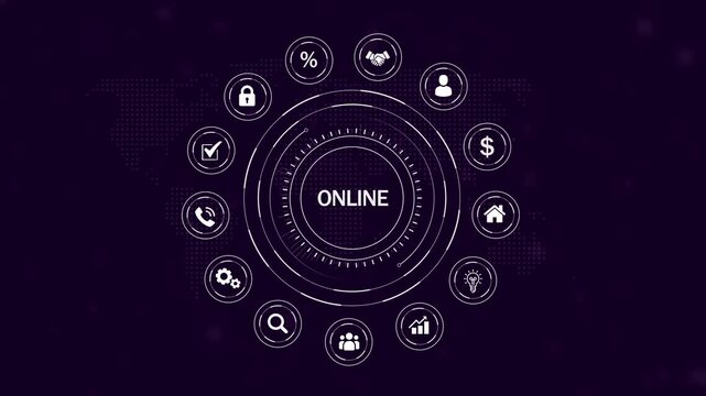 Online business concept visualized with a white circle and the word ONLINE in the center on a dark purple dotted map background