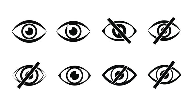 Vector graphic illustration set of eye icons for visibility and invisibility controls, perfect for user interface design and privacy settings.