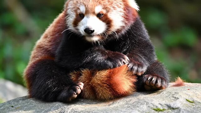 Adorable Red Panda Sitting on Rock Licking Its Paw.